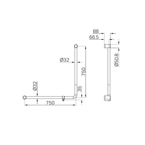 NERO MECCA CARE 90 DEGREE TOILET GRAB RAIL 750X750MM MATTE BLACK