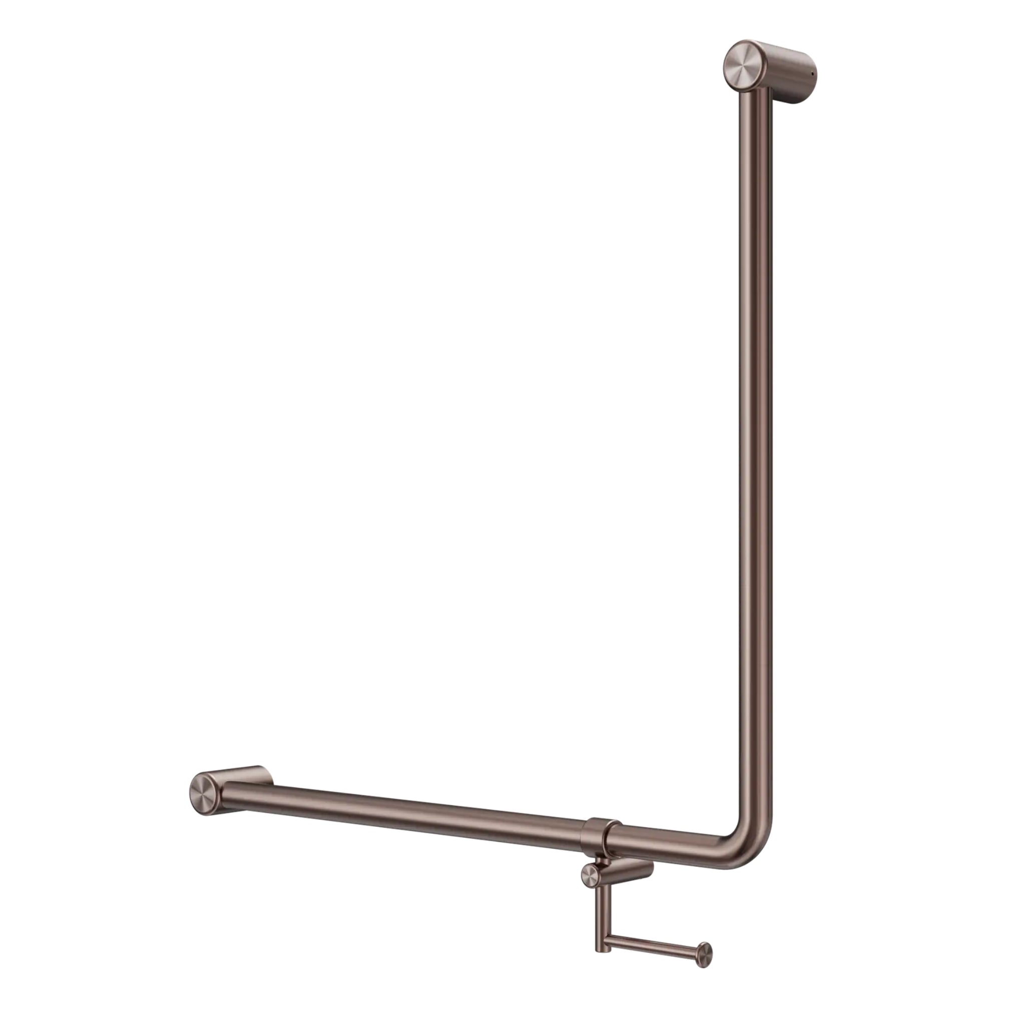 NERO MECCA CARE 90 DEGREE GRAB RAIL WITH TOILET ROLL HOLDER 750X750MM BRUSHED BRONZE