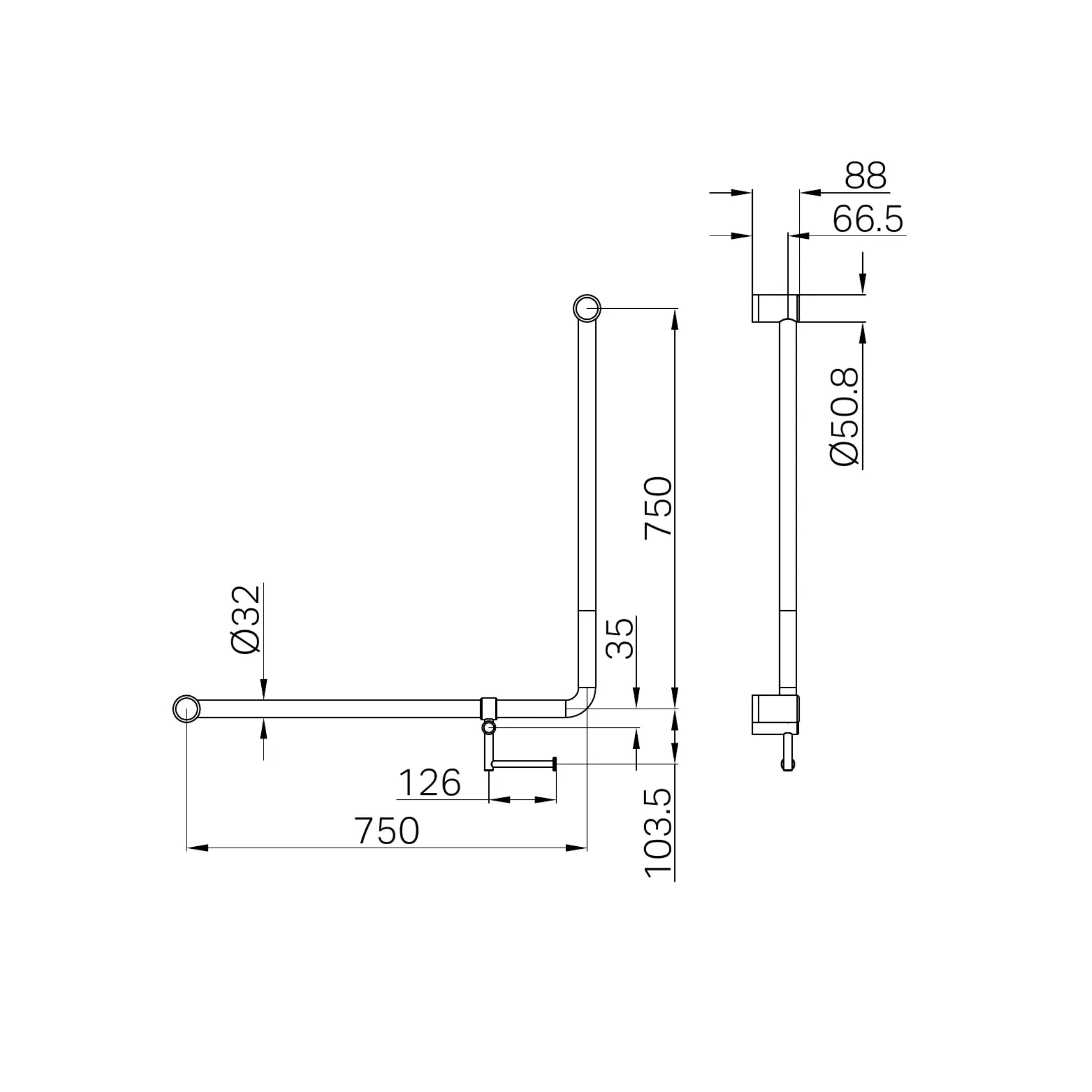 NERO MECCA CARE 90 DEGREE GRAB RAIL WITH TOILET ROLL HOLDER 750X750MM CHROME