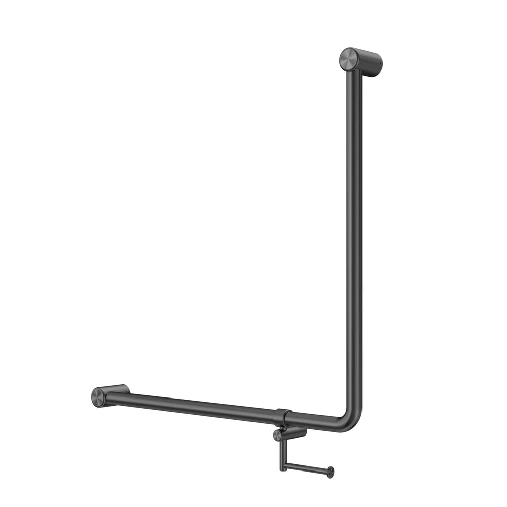 NERO MECCA CARE 90 DEGREE GRAB RAIL WITH TOILET ROLL HOLDER 750X750MM GUN METAL