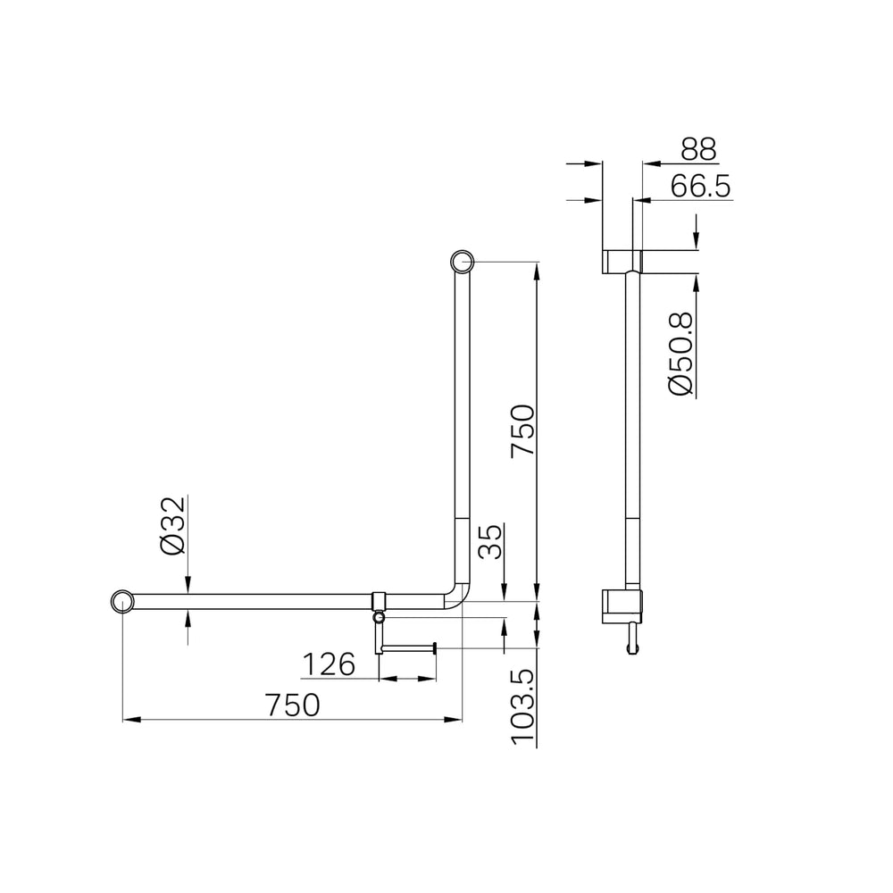 NERO MECCA CARE 90 DEGREE GRAB RAIL WITH TOILET ROLL HOLDER 750X750MM MATTE BLACK