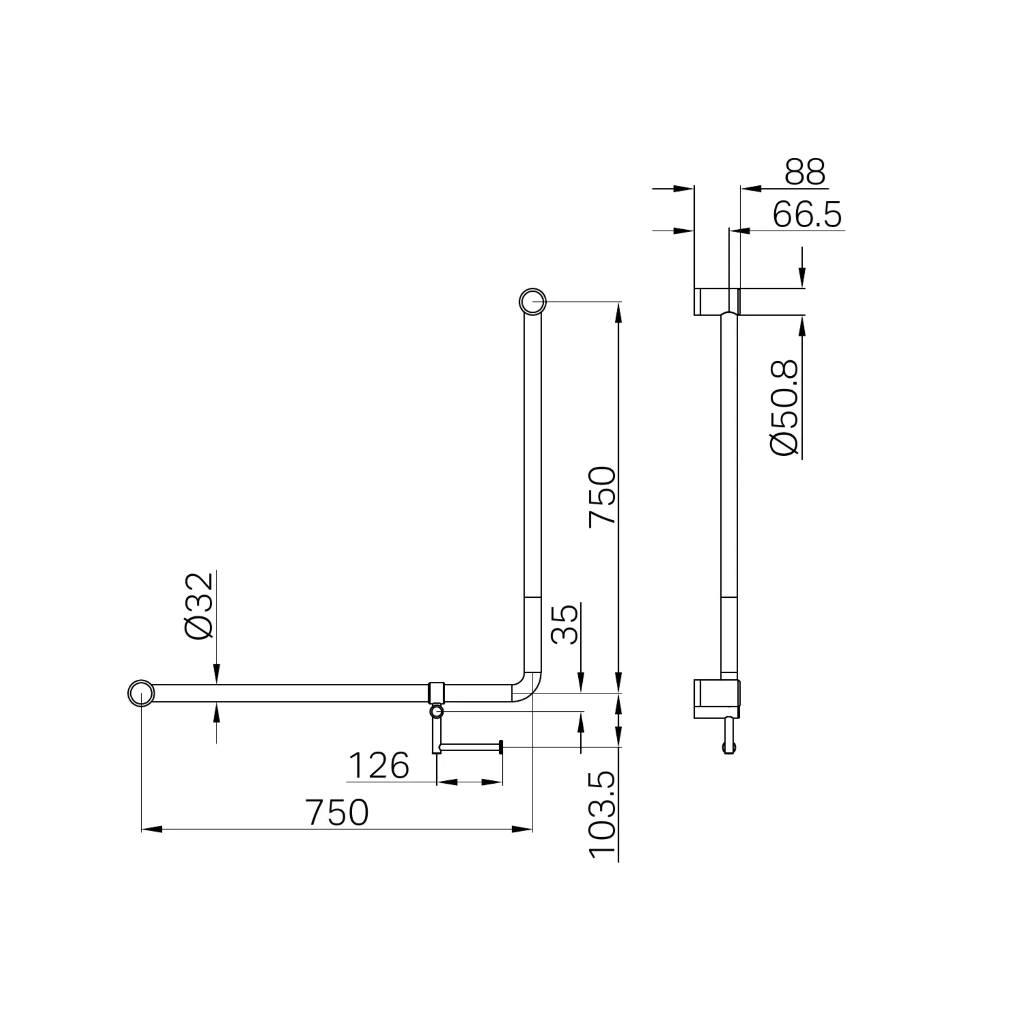 NERO MECCA CARE 90 DEGREE GRAB RAIL WITH TOILET ROLL HOLDER 750X750MM MATTE BLACK