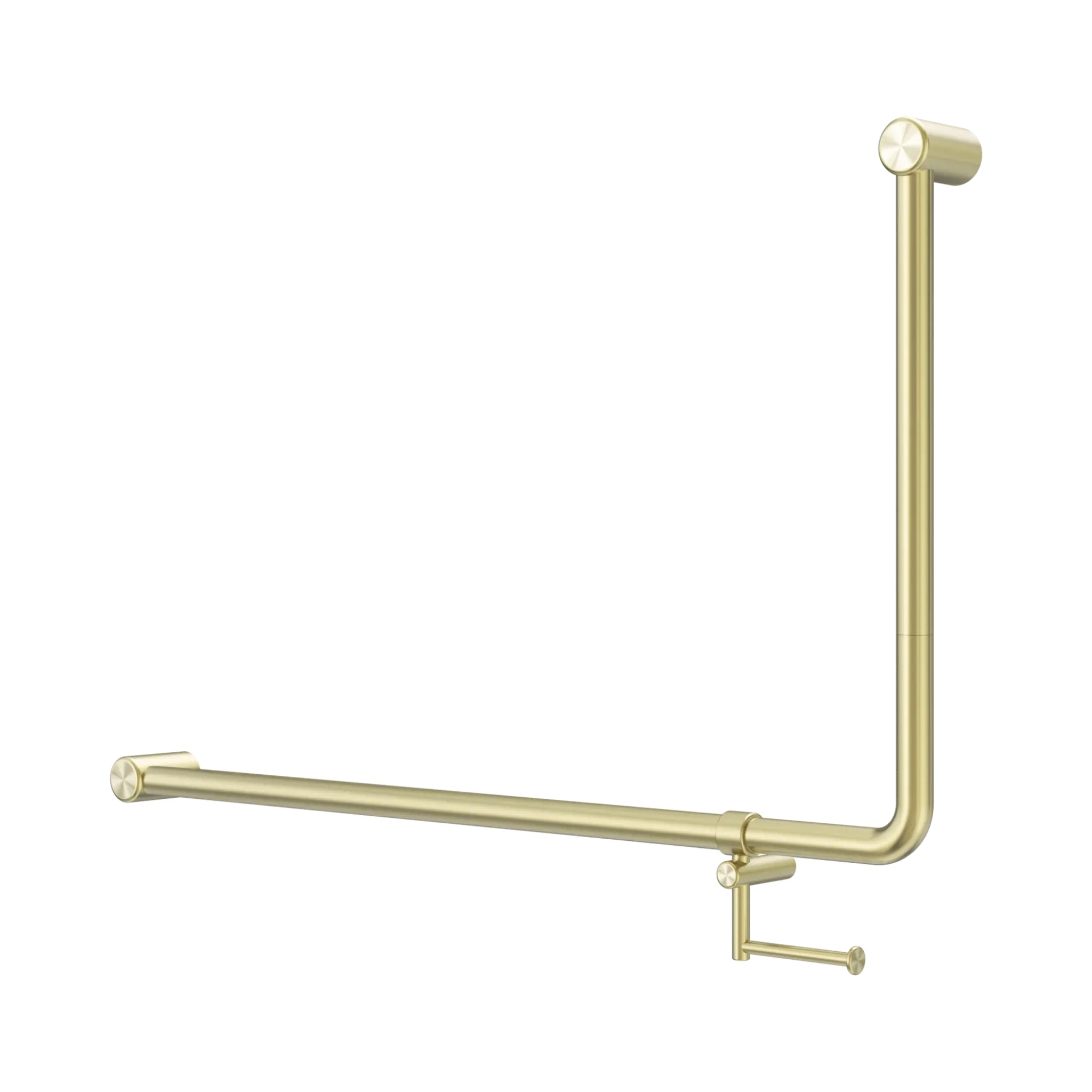 NERO MECCA CARE 32MM DDA ACCESSIBLE 90 DEGREE BENT TUBE GRAB RAIL WITH TOILET ROLL HOLDER 600X1000MM BRUSHED GOLD