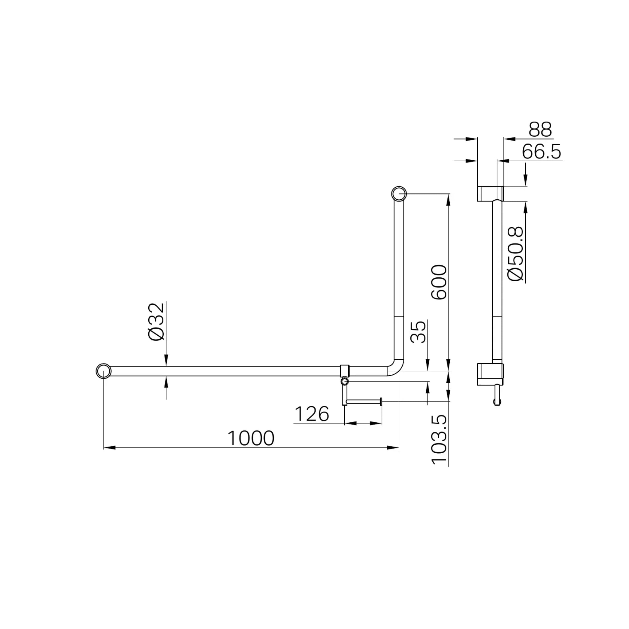 NERO MECCA CARE 32MM DDA ACCESSIBLE 90 DEGREE BENT TUBE GRAB RAIL WITH TOILET ROLL HOLDER 600X1000MM BRUSHED NICKEL