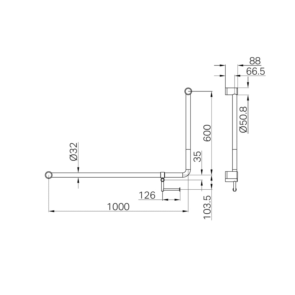 NERO MECCA CARE 32MM DDA ACCESSIBLE 90 DEGREE BENT TUBE GRAB RAIL WITH TOILET ROLL HOLDER 600X1000MM CHROME