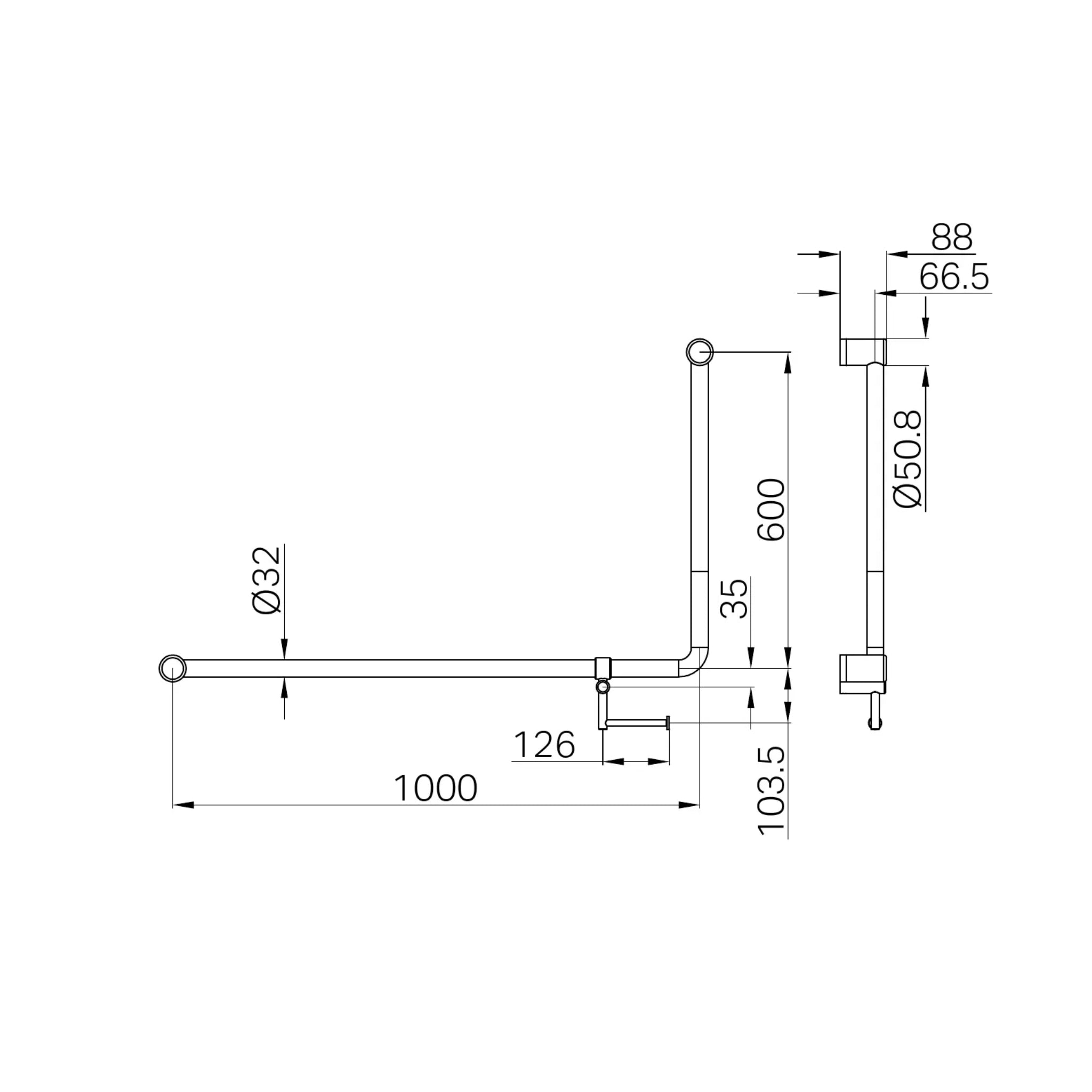 NERO MECCA CARE 32MM DDA ACCESSIBLE 90 DEGREE BENT TUBE GRAB RAIL WITH TOILET ROLL HOLDER 600X1000MM MATTE BLACK