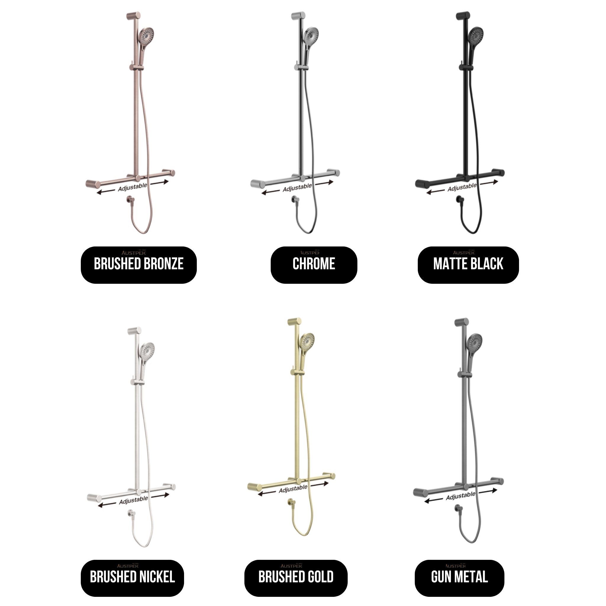 NERO MECCA CARE 32MM T BAR GRAB RAIL AND ADJUSTABLE SHOWER SET BRUSHED GOLD 1100MM X 750MM