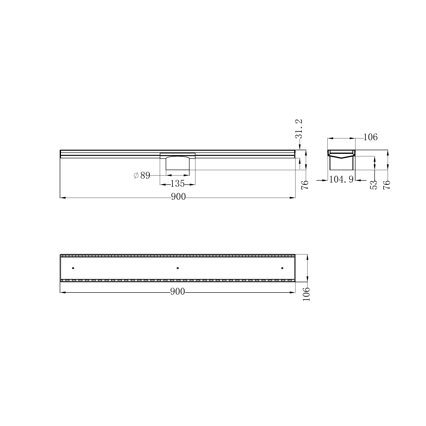 NERO V CHANNEL TILE INSERT FLOOR GRATE 900MM BRUSHED NICKEL (AVAILABLE IN 90MM AND 80MM OUTLET)
