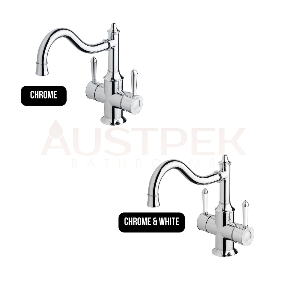 PHOENIX NOSTALGIA TWIN HANDLE SHEPHERDS CROOK SINK MIXER 276MM CHROME AND WHITE
