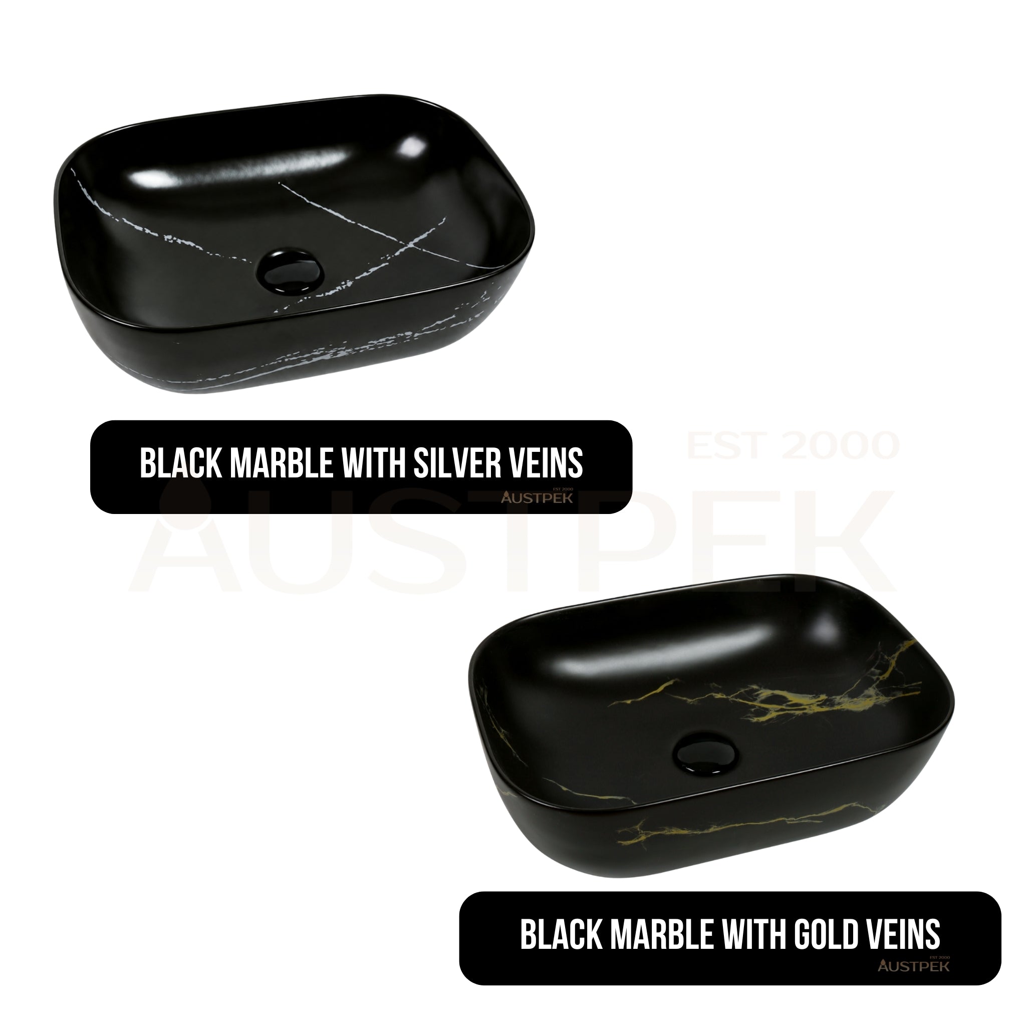 VITO NILAH RECTANGULAR PREMIUM CERAMIC ABOVE COUNTER BASIN BLACK MARBLE WITH SILVER VEINS 455MM