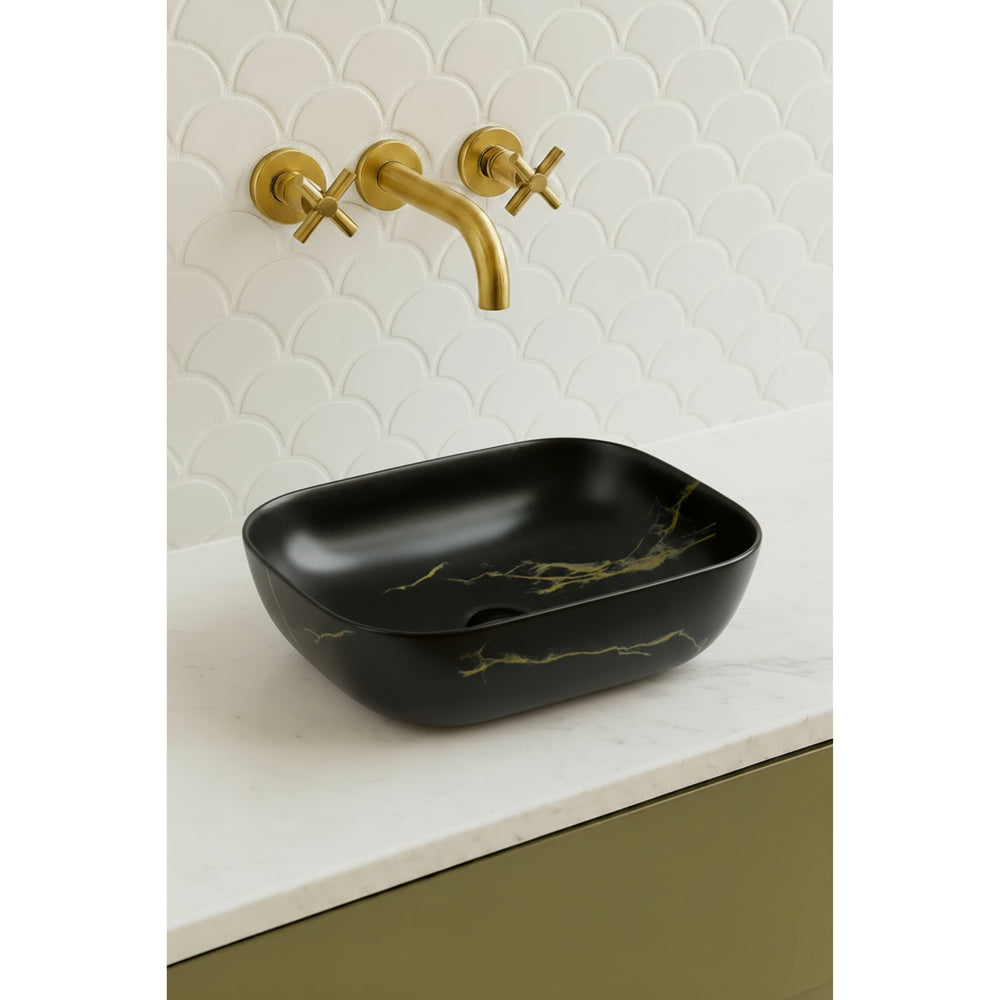 VITO NILAH RECTANGULAR PREMIUM CERAMIC ABOVE COUNTER BASIN BLACK MARBLE WITH GOLD VEINS 455MM