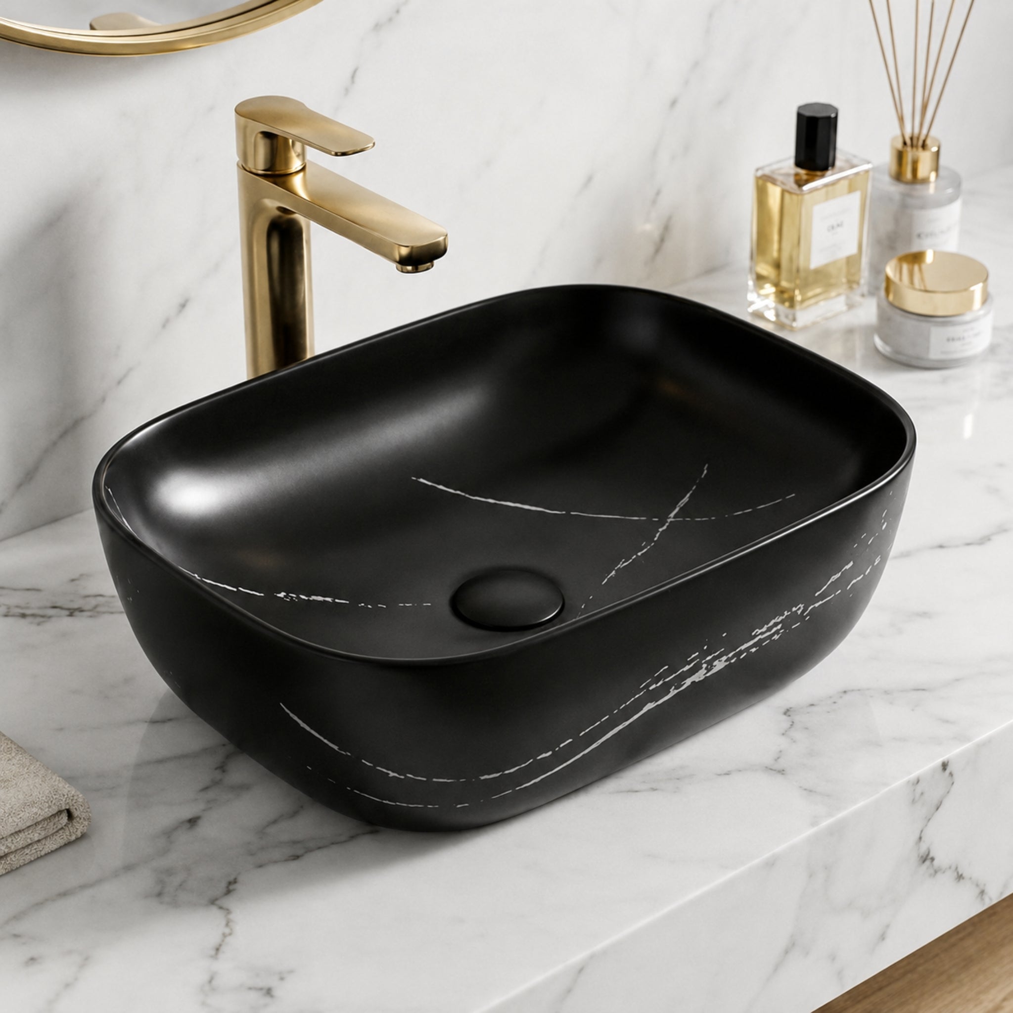 VITO NILAH RECTANGULAR PREMIUM CERAMIC ABOVE COUNTER BASIN BLACK MARBLE WITH SILVER VEINS 455MM