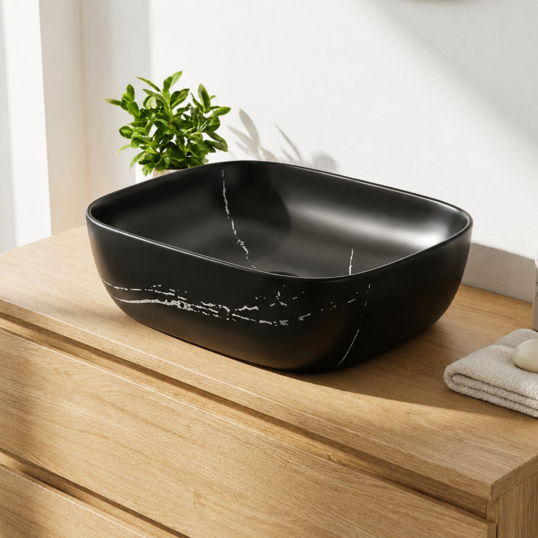 VITO NILAH RECTANGULAR PREMIUM CERAMIC ABOVE COUNTER BASIN BLACK MARBLE WITH SILVER VEINS 455MM