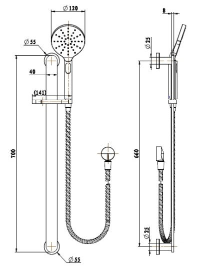 MODERN NATIONAL NOVA SHOWER ON RAIL 700MM GUN METAL