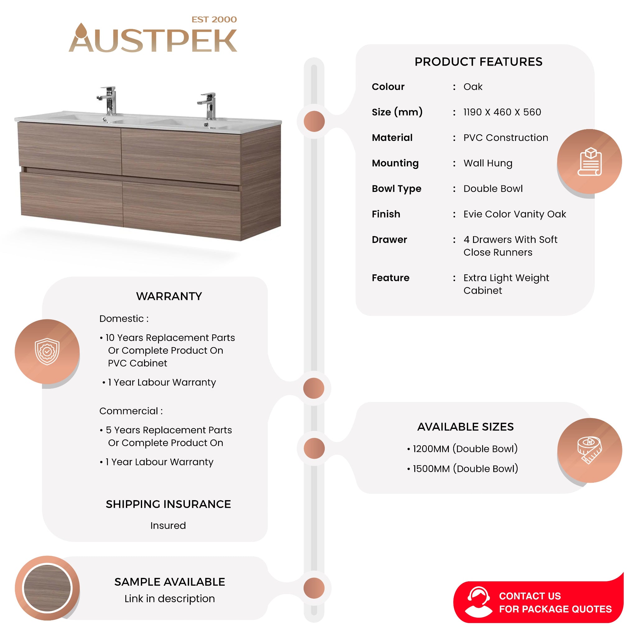 POSEIDON STELLA OAK 1200MM DOUBLE BOWL WALL HUNG VANITY