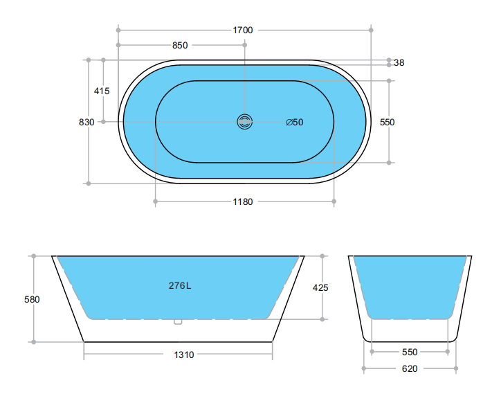 POSEIDON OVIA FREESTANDING BATHTUB GLOSS BLACK AND WHITE (AVAILABLE IN 1500MM AND 1700MM)
