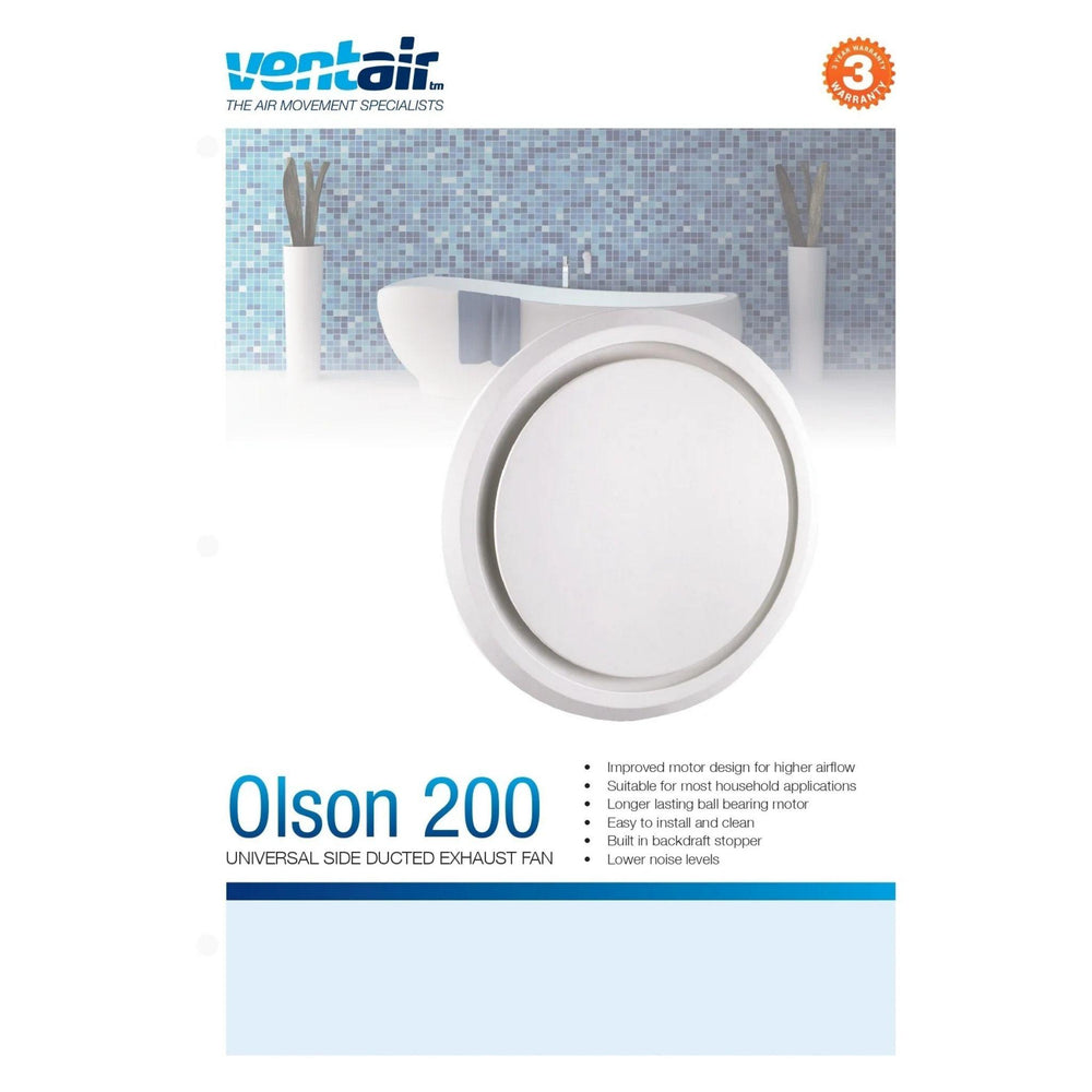 VENTAIR OLSON UNIVERSAL SIDE DUCTED EXHAUST FAN WHITE (AVAILABLE IN 200MM AND 250MM)