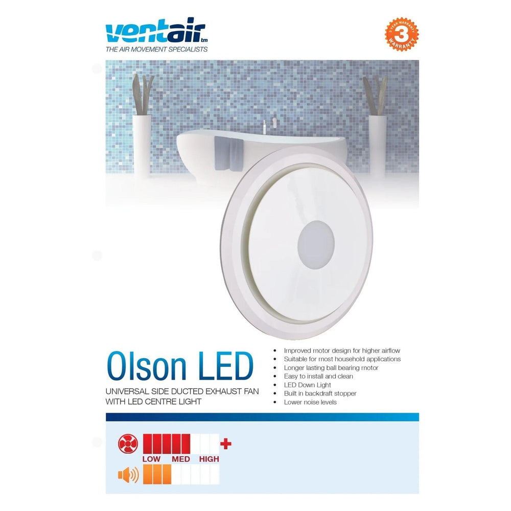 VENTAIR OLSON 200 LED UNIVERSAL SIDE DUCTED EXHAUST WITH 10 WATT LED CENTRE LIGHT FAN WHITE