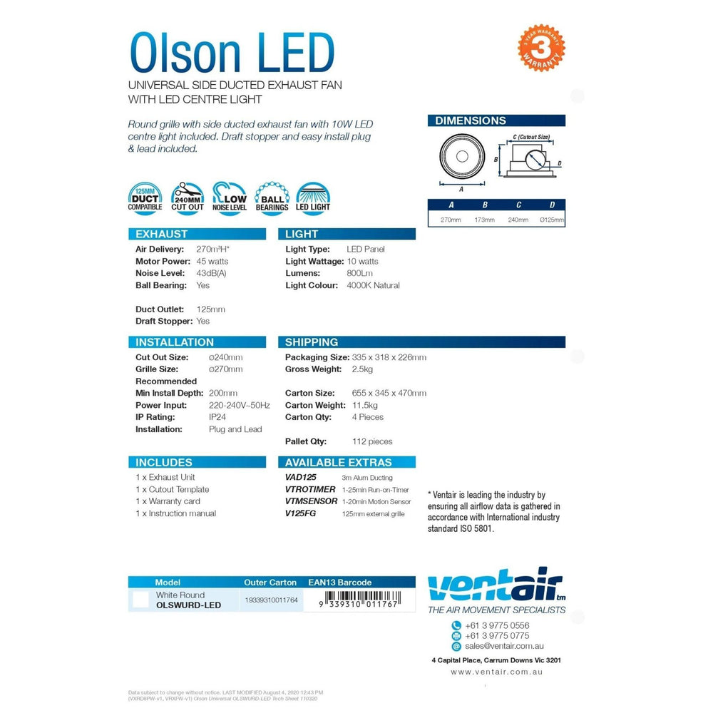 VENTAIR OLSON 200 LED UNIVERSAL SIDE DUCTED EXHAUST WITH 10 WATT LED CENTRE LIGHT FAN WHITE