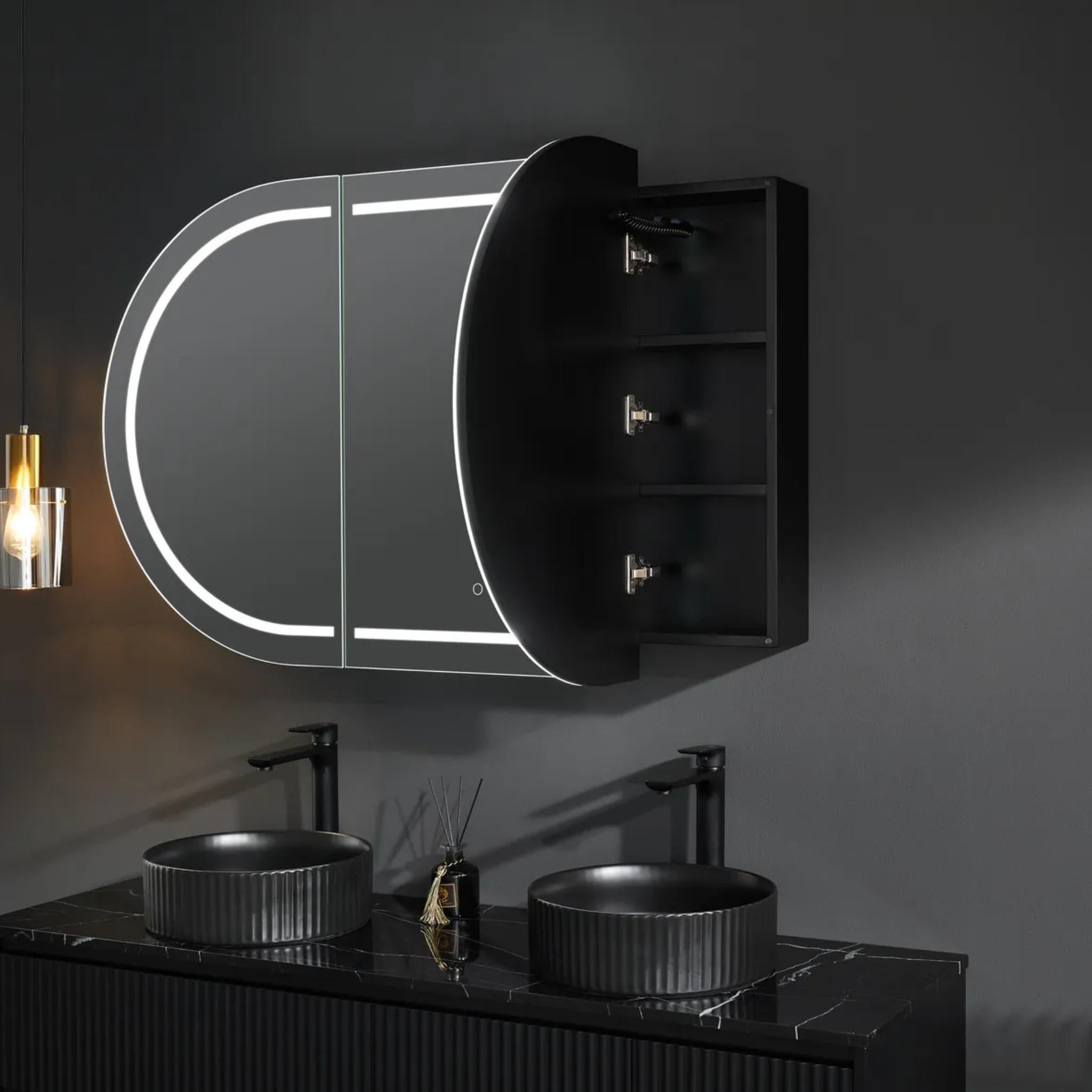 POSEIDON OLIVIA MATTE BLACK LED MIRROR SHAVING CABINET 1500X800MM
