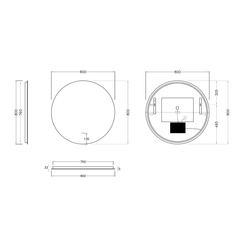 POSEIDON LUNA ROUND FRAMELESS BACKLIT LED MIRROR 3 COLOUR LIGHTS 800X800MM
