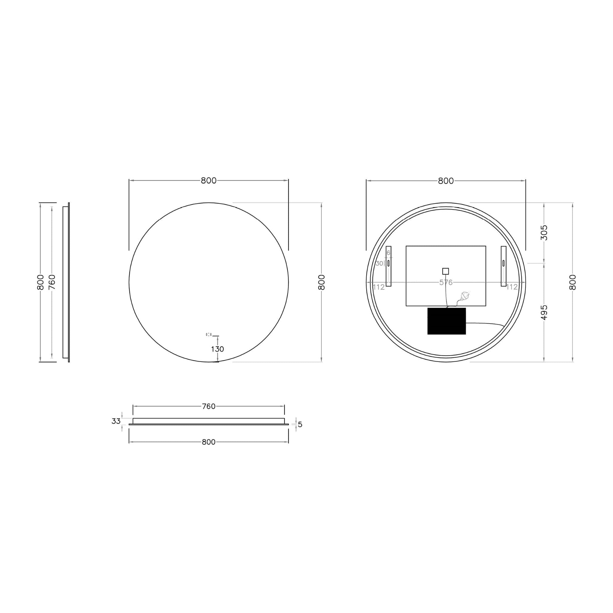 POSEIDON LUNA ROUND FRAMELESS BACKLIT LED MIRROR 3 COLOUR LIGHTS 800X800MM