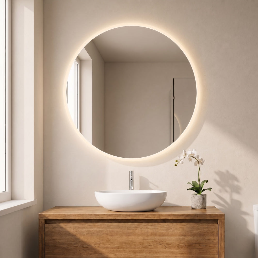 VITO OVIAN ROUND FRAMELESS BACKLIT LED MIRROR 3 COLOUR LIGHTS 800X800MM