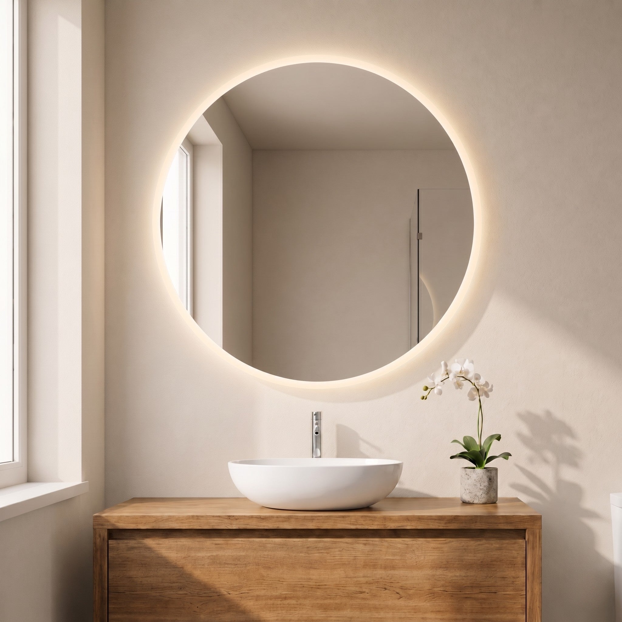 VITO OVIAN ROUND FRAMELESS BACKLIT LED MIRROR 3 COLOUR LIGHTS 800X800MM