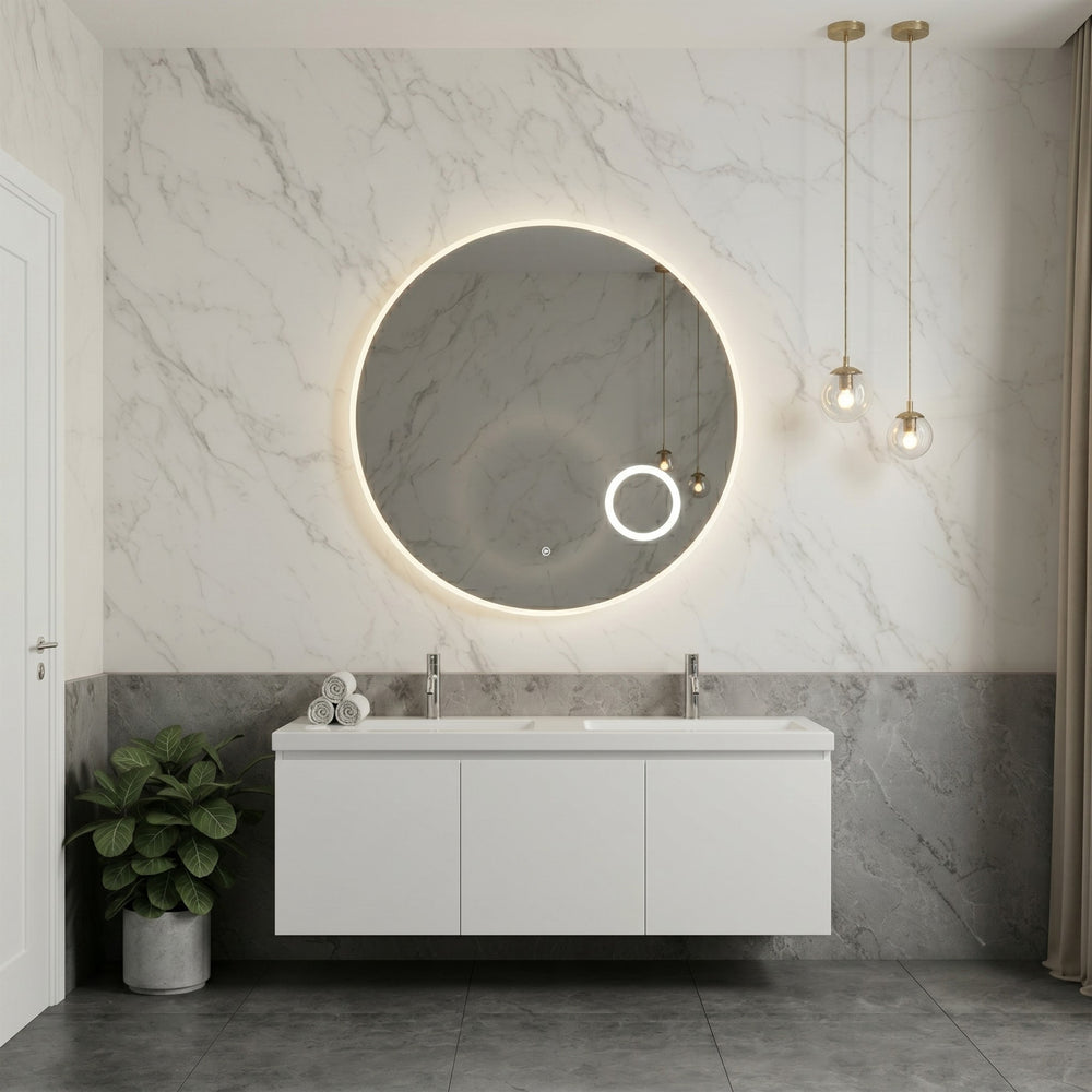 VITO OVIAN ROUND FRAMELESS BACKLIT LED MIRROR WITH MAGNIFIER 3 COLOUR LIGHTS 900X900MM