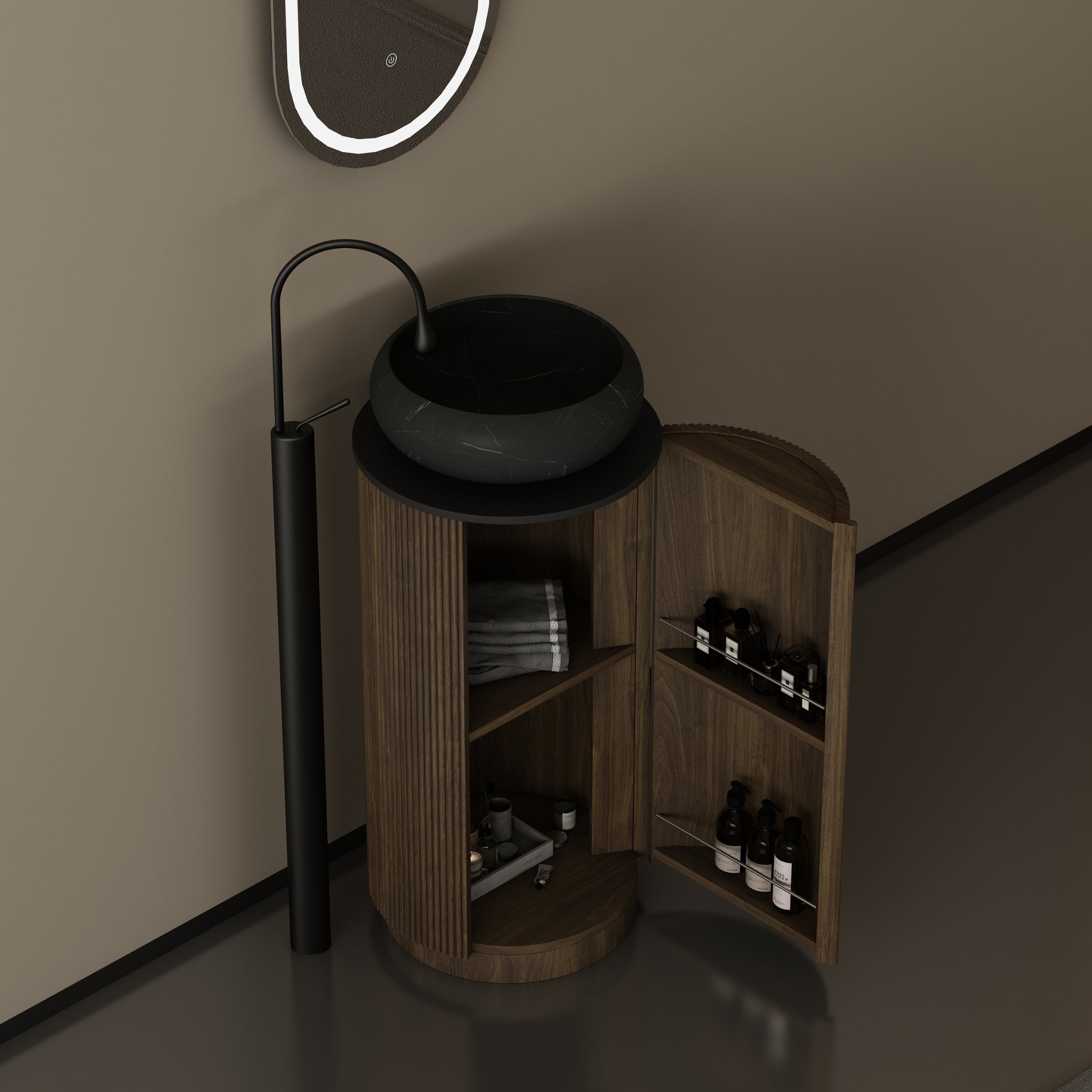 ORIO BAUDIN DARK WALNUT FLUTED FLOORSTANDING VANITY WITH SINTERED STONE TOP 400MM