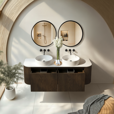 ORIO HAYMAN DARK WALNUT FLUTED 1500MM CURVE DOUBLE BOWL WALL HUNG VANITY