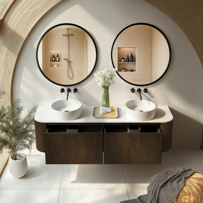 ORIO HAYMAN DARK WALNUT FLUTED 1800MM CURVE DOUBLE BOWL WALL HUNG VANITY