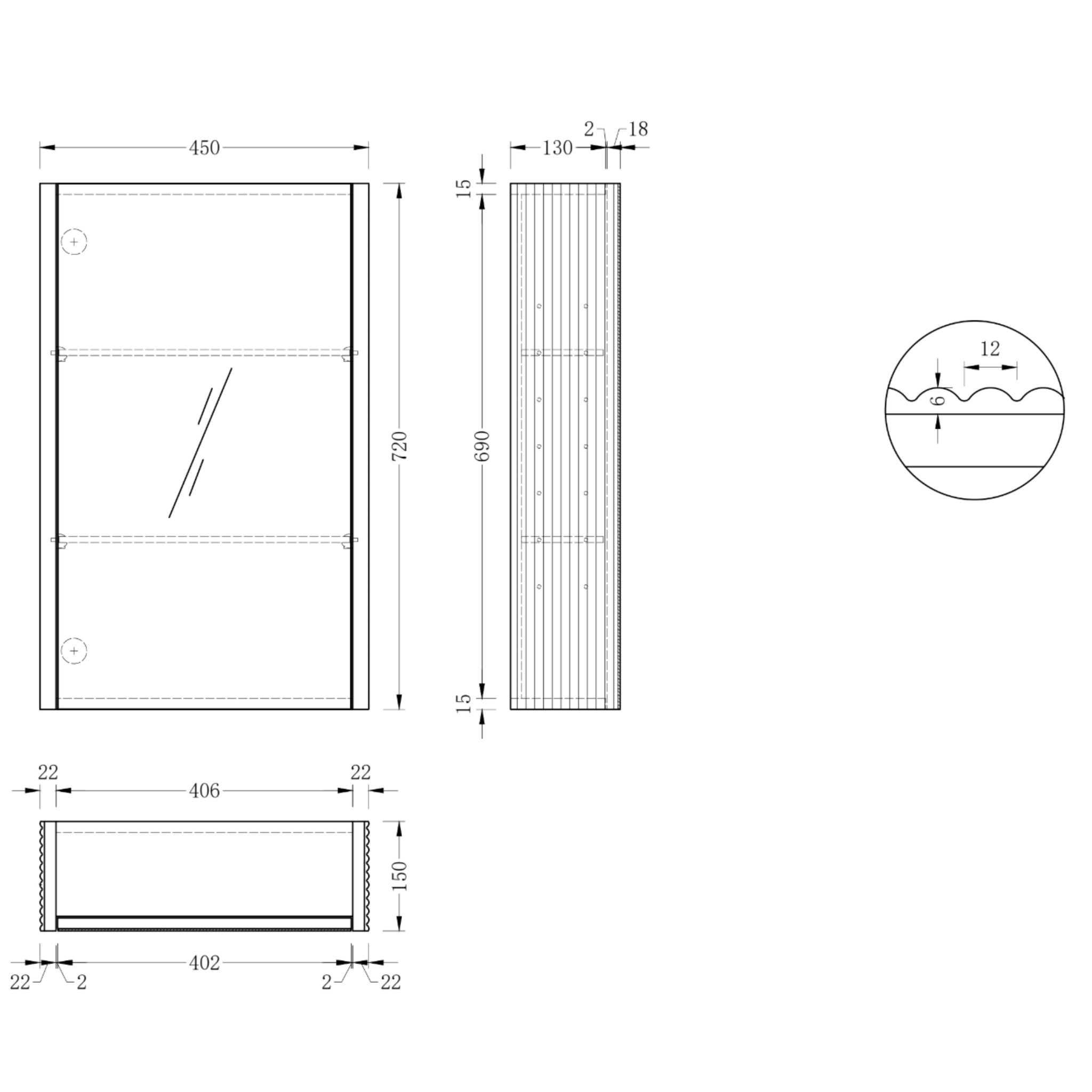ORIO HAYMAN LIGHT WALNUT FLUTED MIRROR SHAVING CABINET 450MM
