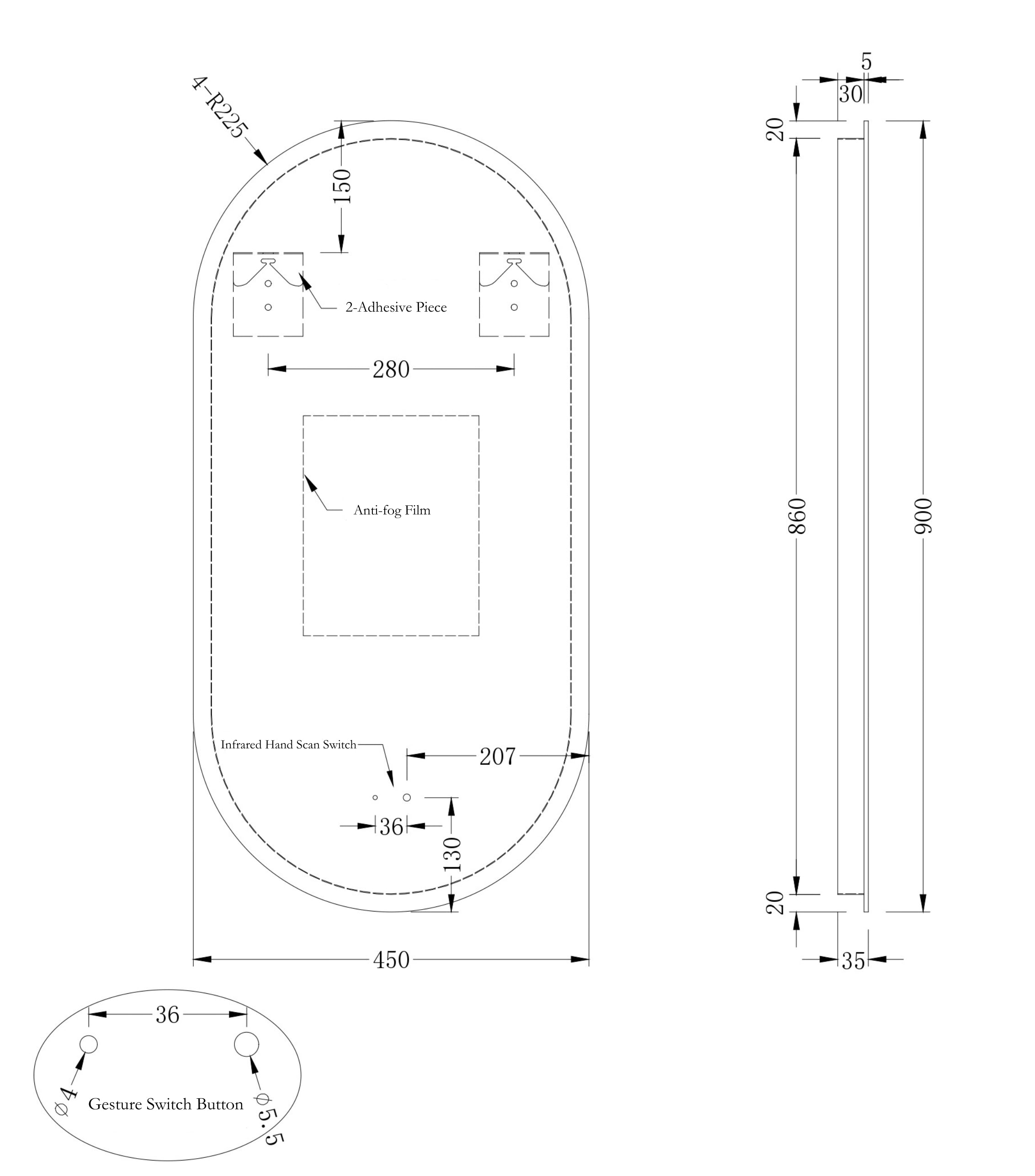 ORIO FLINT FRAMELESS OVAL LED MIRROR 450X900MM