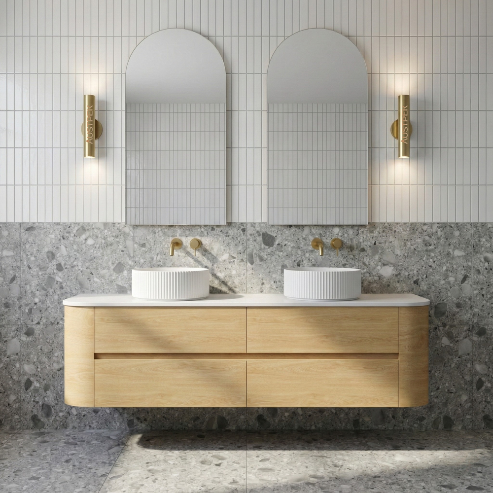 ORIO PEBBLE NATURAL OAK 1500MM CURVE DOUBLE BOWL WALL HUNG VANITY