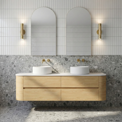 ORIO PEBBLE NATURAL OAK 1500MM CURVE DOUBLE BOWL WALL HUNG VANITY