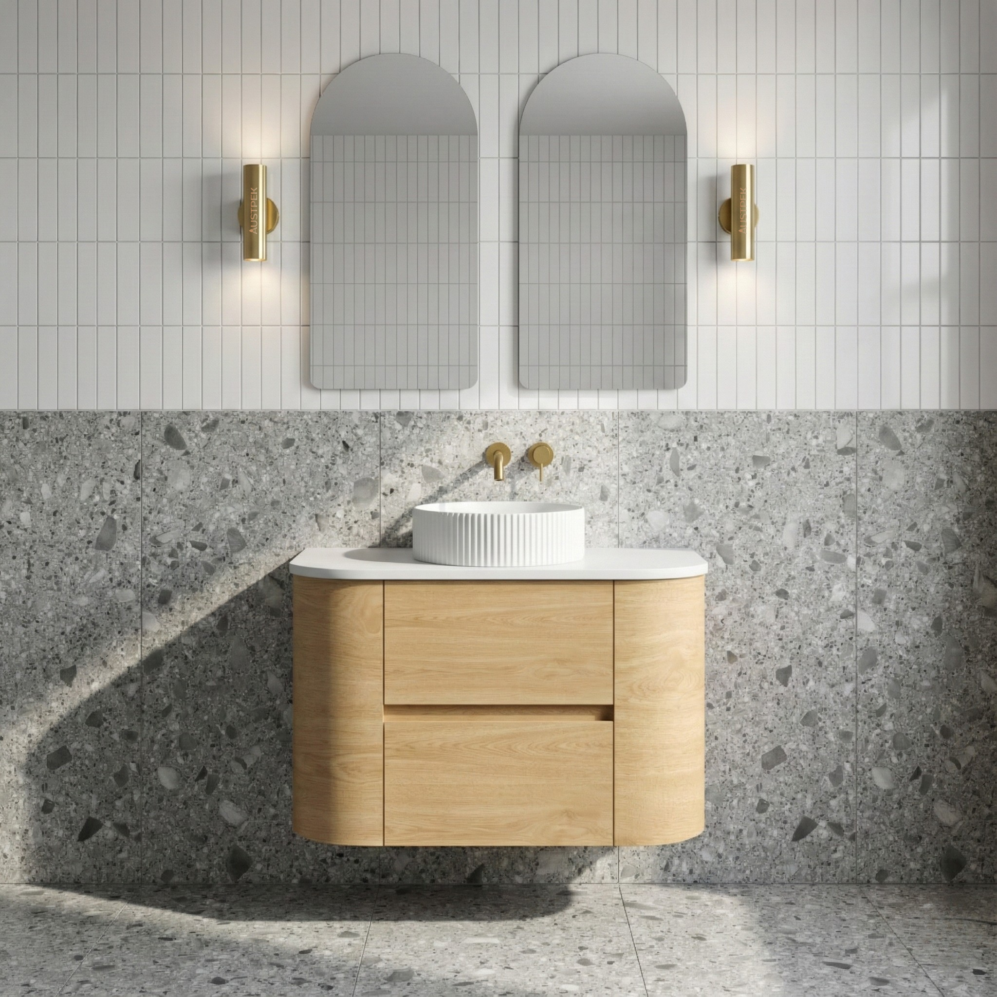 ORIO PEBBLE NATURAL OAK 750MM CURVE SINGLE BOWL WALL HUNG VANITY