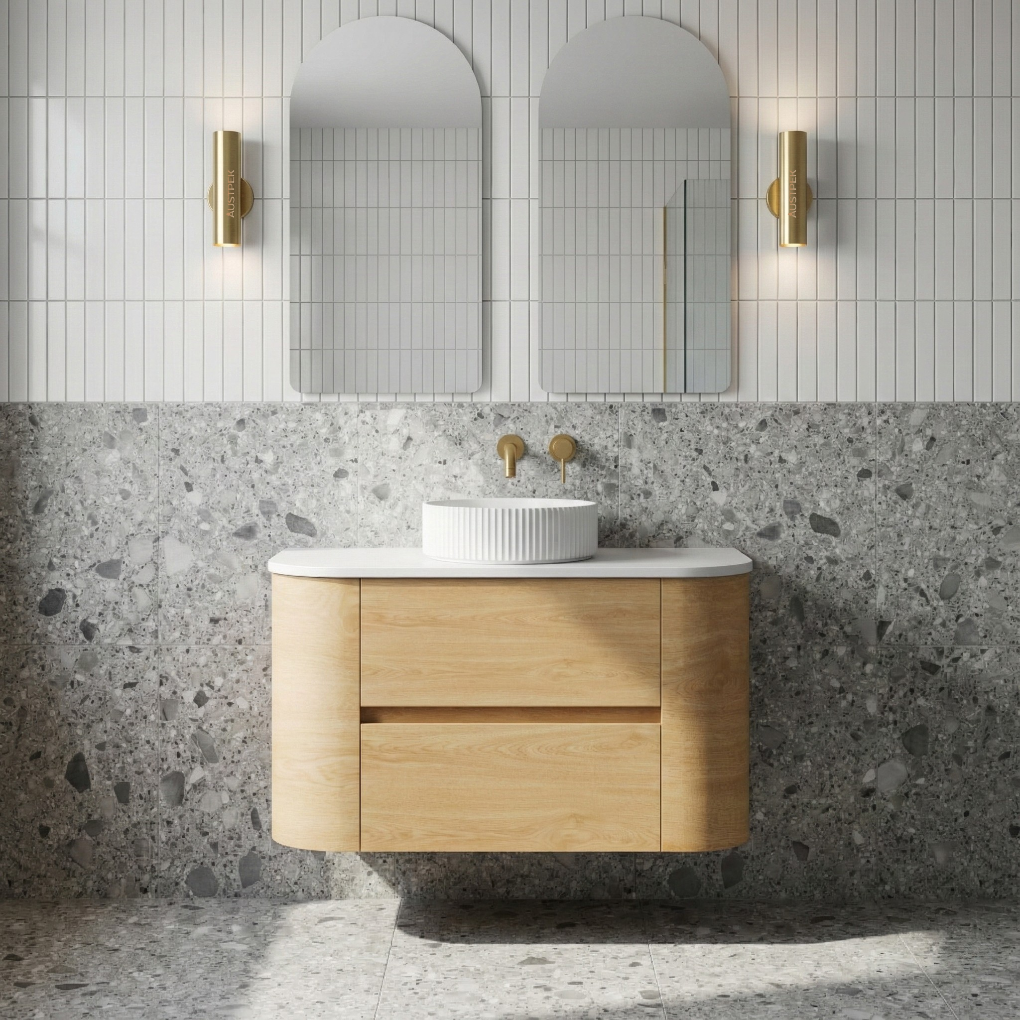 ORIO PEBBLE NATURAL OAK 900MM CURVE SINGLE BOWL WALL HUNG VANITY