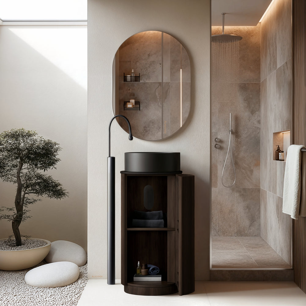 ORIO BAUDIN DARK WALNUT FLUTED 400MM FLOORSTANDING VANITY WITH SINTERED STONE TOP (SHOWROOM DISPLAY)