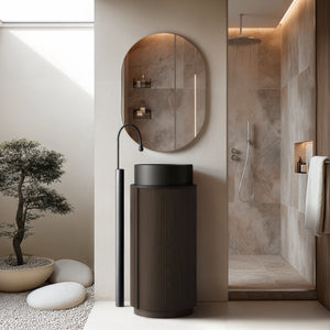 ORIO BAUDIN DARK WALNUT FLUTED 400MM FLOORSTANDING VANITY WITH SINTERED STONE TOP (SHOWROOM DISPLAY)