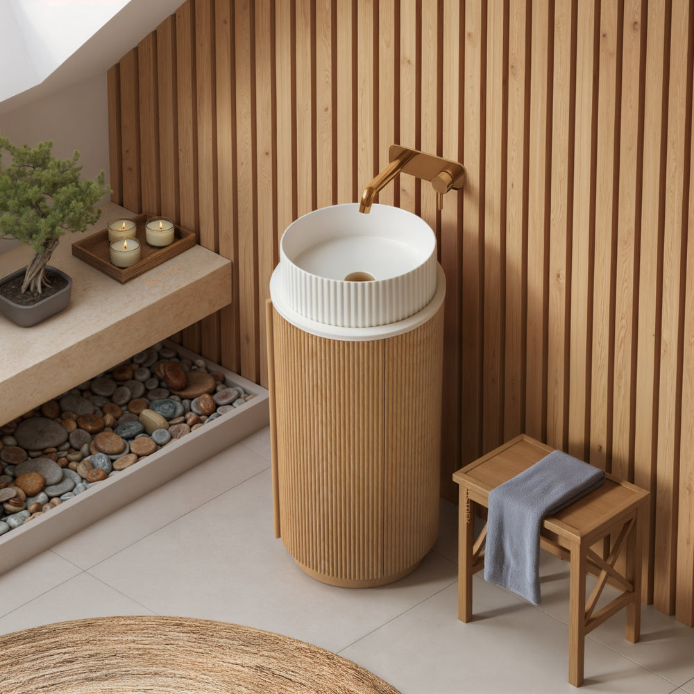ORIO BAUDIN LIGHT WALNUT FLUTED 400MM FLOORSTANDING VANITY WITH SINTERED STONE TOP