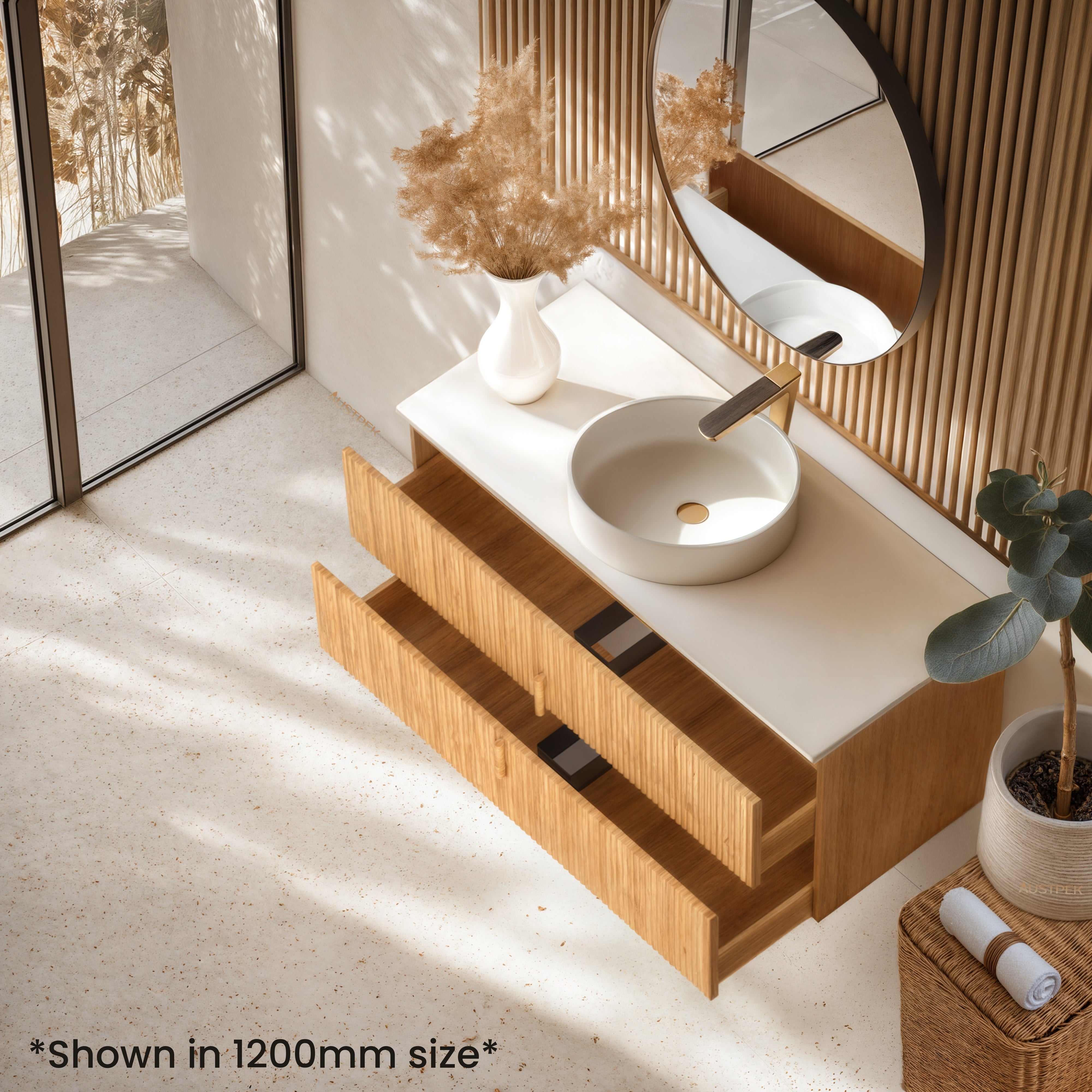 ORIO EDEN LIGHT WALNUT 1500MM DOUBLE BOWL WALL HUNG VANITY