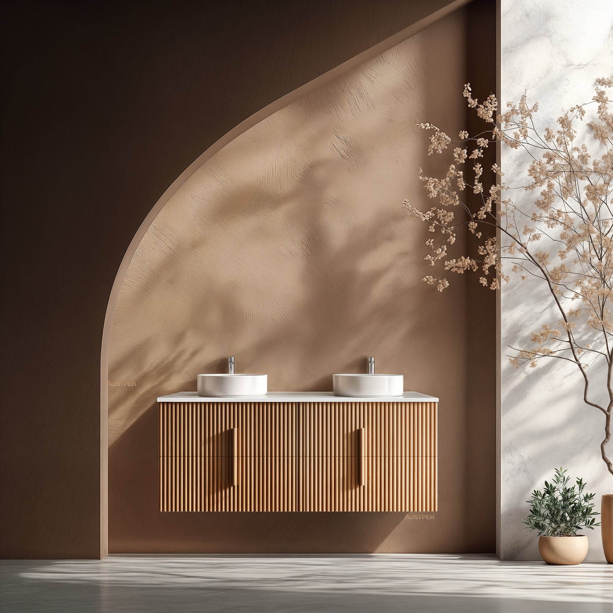ORIO EDEN LIGHT WALNUT 1500MM DOUBLE BOWL WALL HUNG VANITY