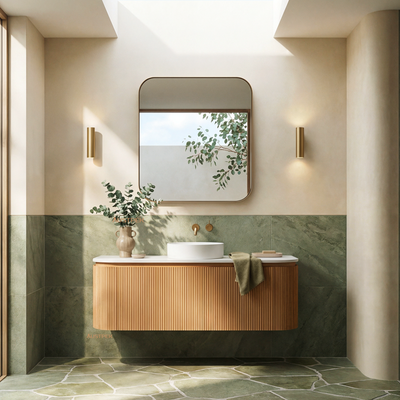 ORIO FITZROY LIGHT WALNUT FLUTED 1200MM CURVE SINGLE BOWL WALL HUNG VANITY