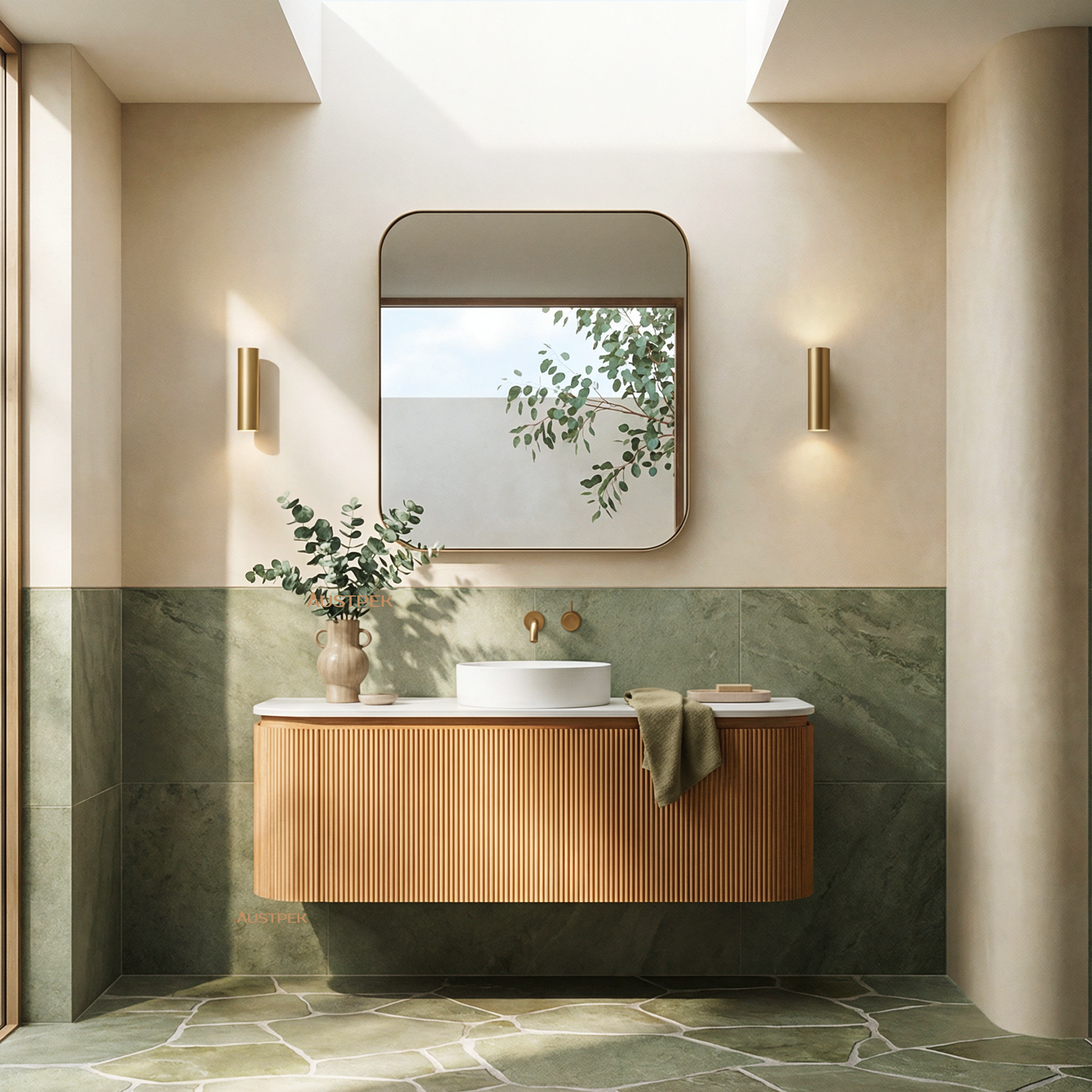 ORIO FITZROY LIGHT WALNUT FLUTED 1200MM CURVE SINGLE BOWL WALL HUNG VANITY