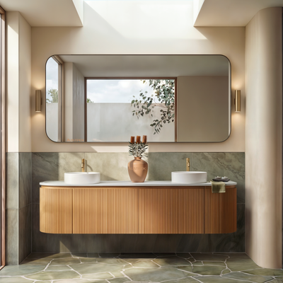 ORIO FITZROY LIGHT WALNUT FLUTED 1800MM CURVE DOUBLE BOWL WALL HUNG VANITY