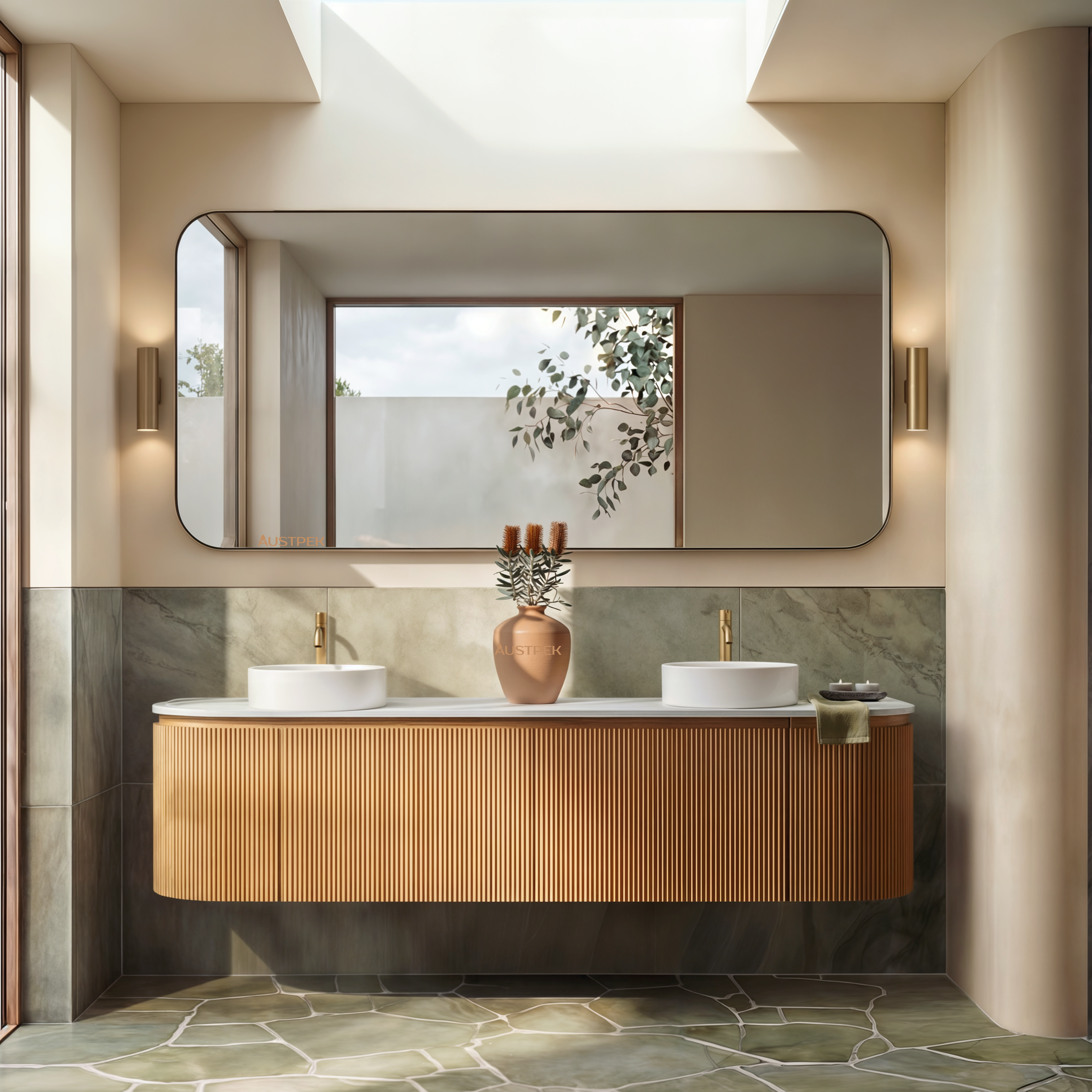 ORIO FITZROY LIGHT WALNUT FLUTED 1800MM CURVE DOUBLE BOWL WALL HUNG VANITY