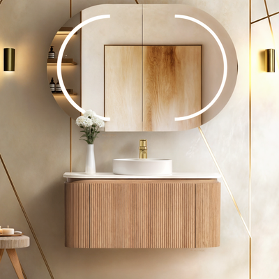 ORIO FITZROY LIGHT WALNUT FLUTED 900MM CURVE SINGLE BOWL WALL HUNG VANITY