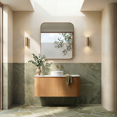 ORIO FITZROY LIGHT WALNUT FLUTED 900MM CURVE SINGLE BOWL WALL HUNG VANITY