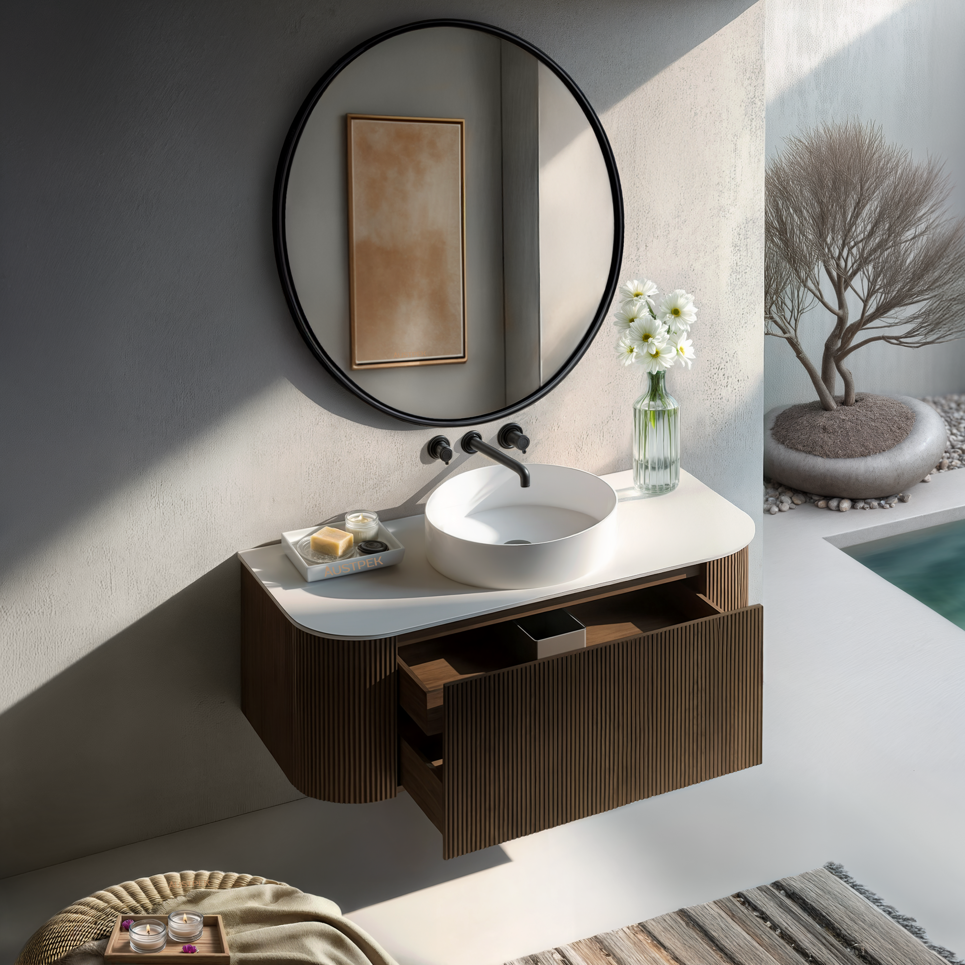 ORIO HAYMAN DARK WALNUT FLUTED 1200MM CURVE SINGLE BOWL WALL HUNG VANITY